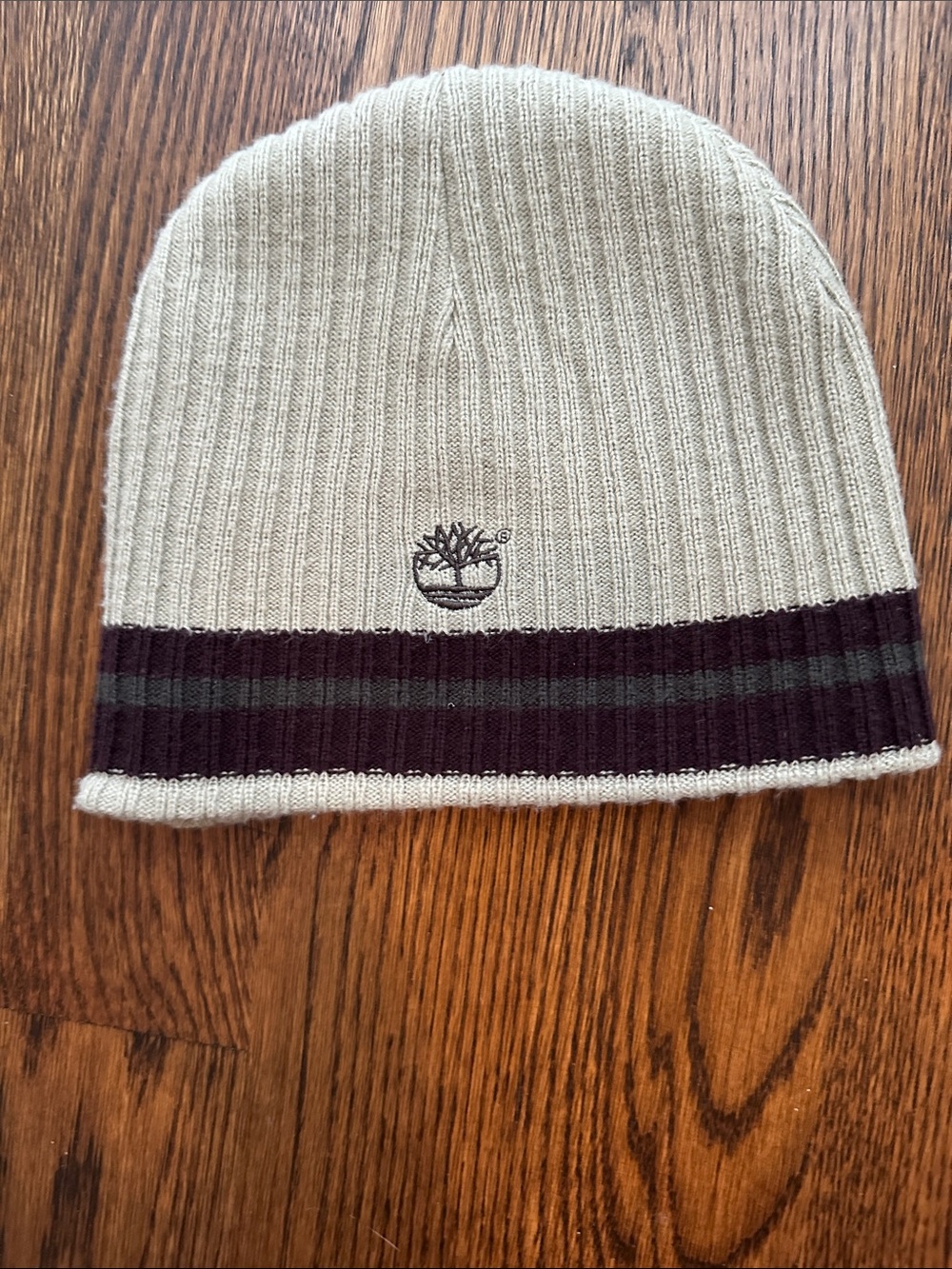 Timberland beige Beanie with Black and Dark maroon Stripe